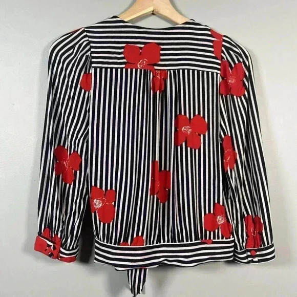 Madewell Striped Wrap Top in Candied Orchids Size Small Black White Striped Crop - Picture 6 of 14